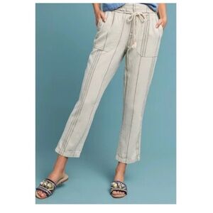 Anthropologie Women's Cream/Gray Linen Seashore Rope Belt Pants, Size XS